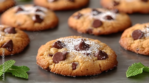 Delicious chocolate chip cookies sprinkled with powdered sugar and garnished with mint leaves.