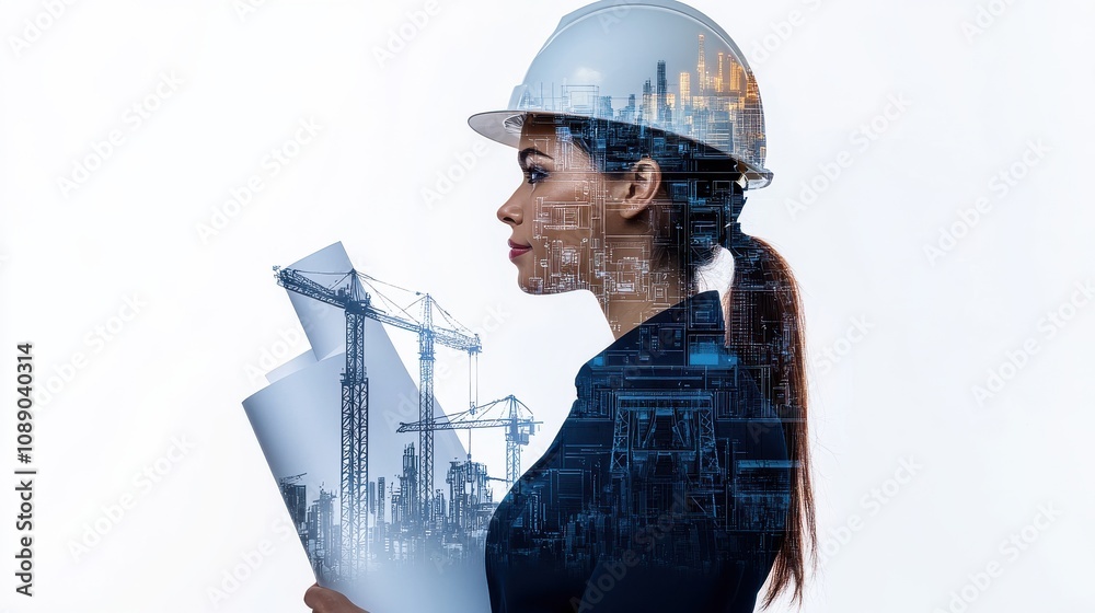 Female architect holding blueprints in a modern cityscape urban planning project architectural design professional environment side profile view innovation and design concepts