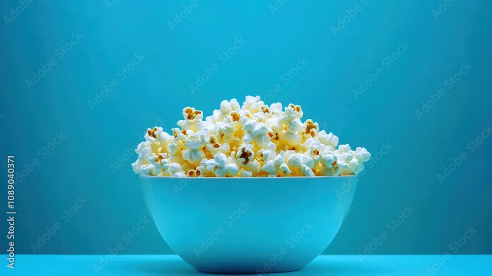 A vibrant bowl of freshly popped popcorn on a blue background, perfect for movie nights or snacking. A vibrant bowl of freshly popped popcorn on a blue background, perfect for movie nights or snacking.
