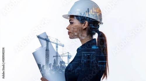 Obraz na płótnie Female architect holding blueprints in a modern cityscape urban planning project architectural design professional environment side profile view innovation and design concepts w salonie