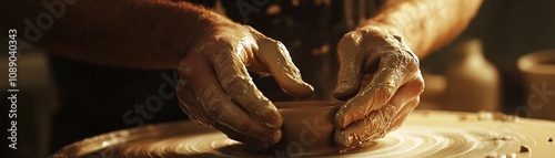 Artisan Hands Skillfully Shaping Wet Clay on a Potter s Wheel in a Studio Setting photo