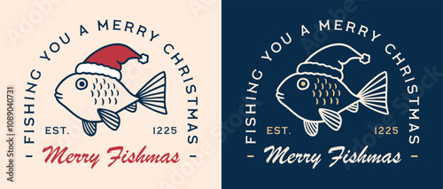 Fishmas funny fisherman fishing you a merry Christmas quotes boy dad greeting card shirt design. Holiday wishes fish wearing Santa hat retro red navy blue beach theme aesthetic printable cut file.