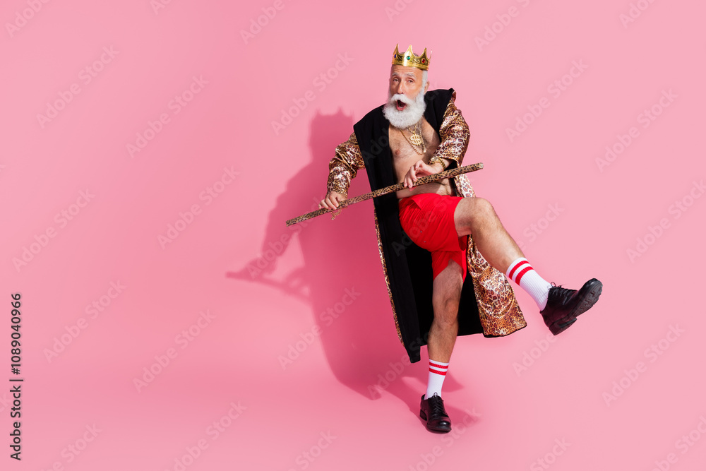 Photo of positive happy crazy wear trendy leopard print bathrobe having fun isolated on pink color background