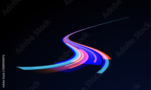 Light arc in neon colors, in the form of a turn and a zigzag. Creative vector illustration of flying cosmic meteor, planetoid, comet, fireball isolated on transparent background.