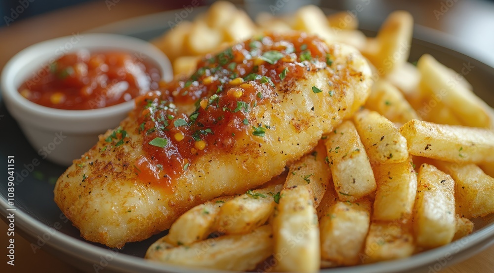 Crispy fish fillet with golden fries and spicy tomato salsa. Crispy fish fillet with golden fries and spicy tomato salsa.