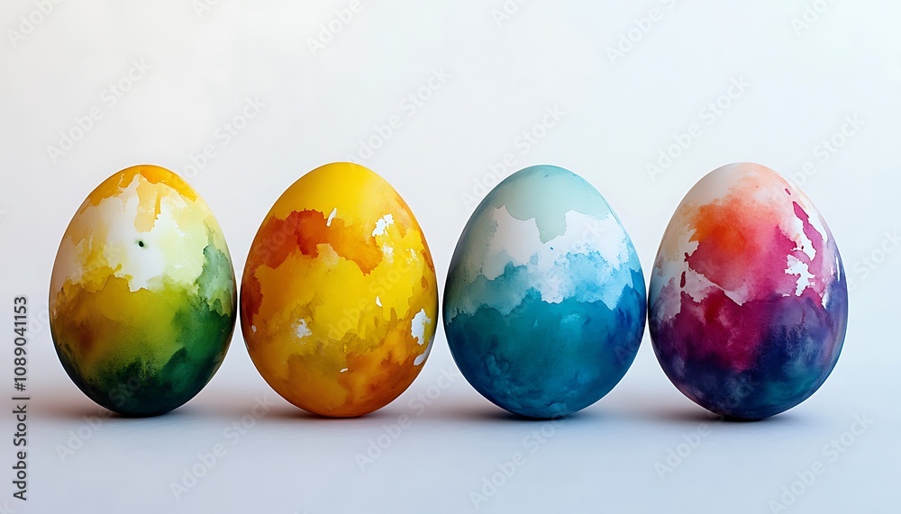 Artistic Easter eggs with abstract watercolor designs placed on a clean white canvas , Artistic Easter eggs with abstract watercolor designs placed on a clean white canvas ,