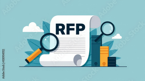 RFP Document with Magnifying Glass and Stationery on a Light Blue Background