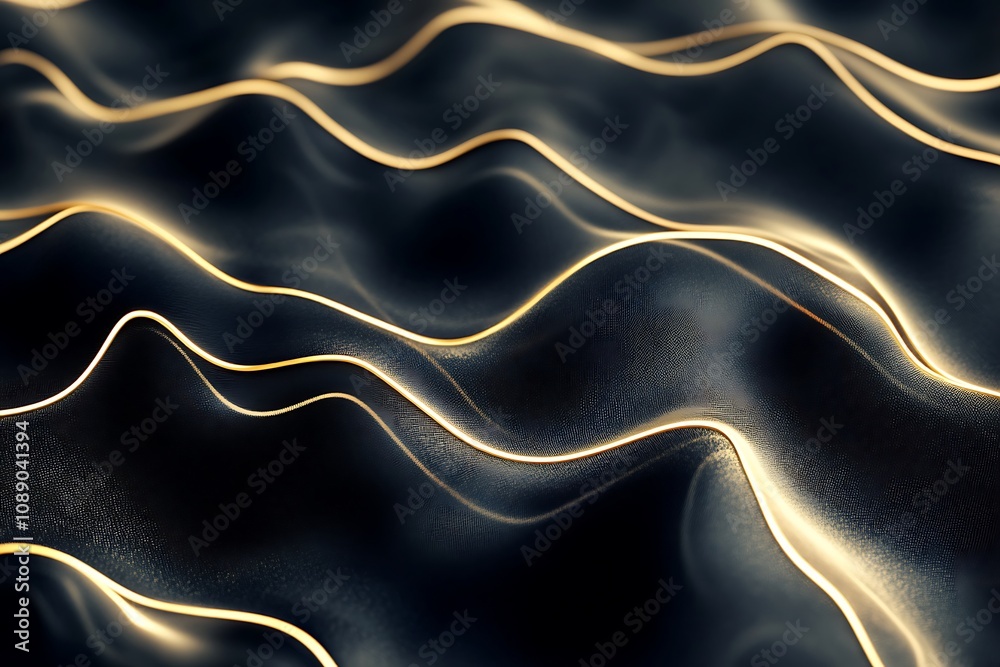 Obraz premium Abstract Dark Waves with Glowing Gold Lines: Elegant Background Texture. Perfect for luxury branding, modern design, and digital art projects.