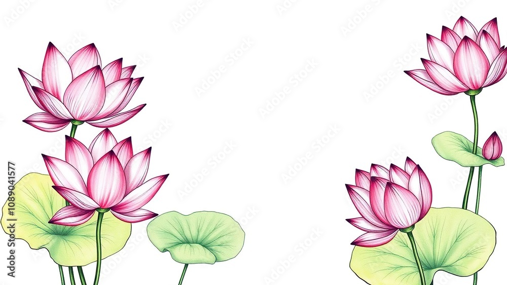 Hand-drawn lotus flowers on white background, nature, water lily, floral Hand-drawn lotus flowers on white background, nature, water lily, floral