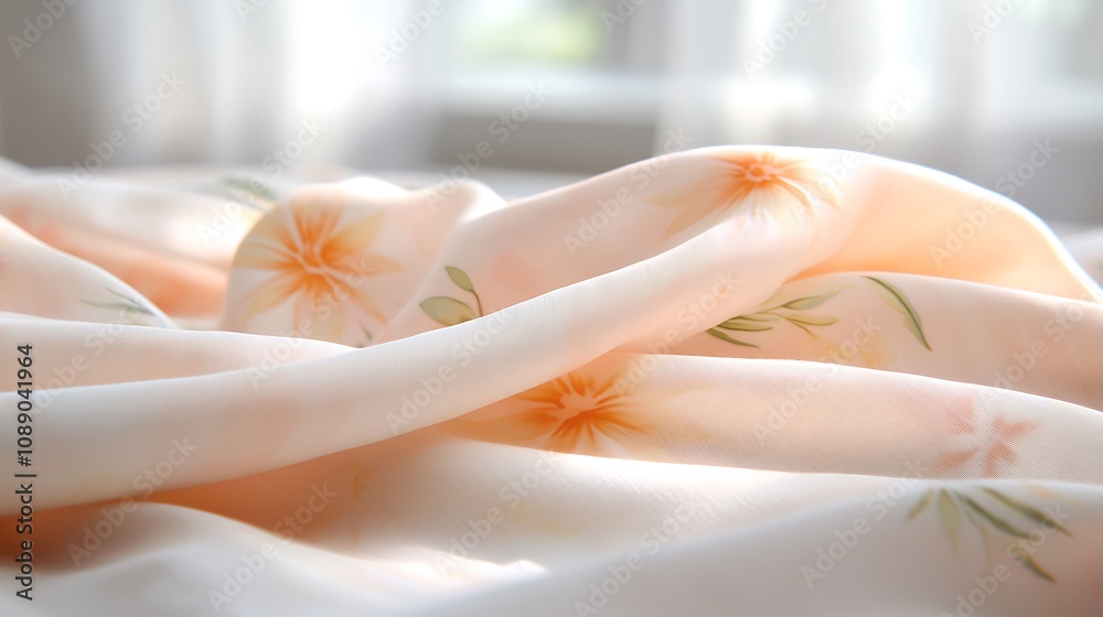 Naklejka premium Soft floral fabric close-up cozy interior textiles natural light inviting atmosphere