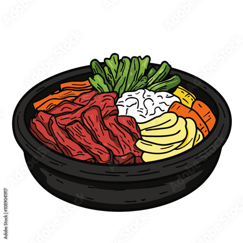 Korean Bulgogi with Marinated Beef Slices and Vegetables – A Flavorful Barbecue Dish Black Outline Vector Illustration
