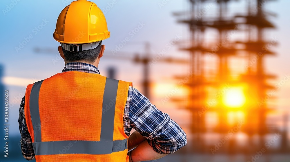 Construction manager overseeing skyscraper project at sunset urban environment digital photography professional perspective building development strategies Construction manager overseeing skyscraper project at sunset urban environment digital photography professional perspective building development strategies