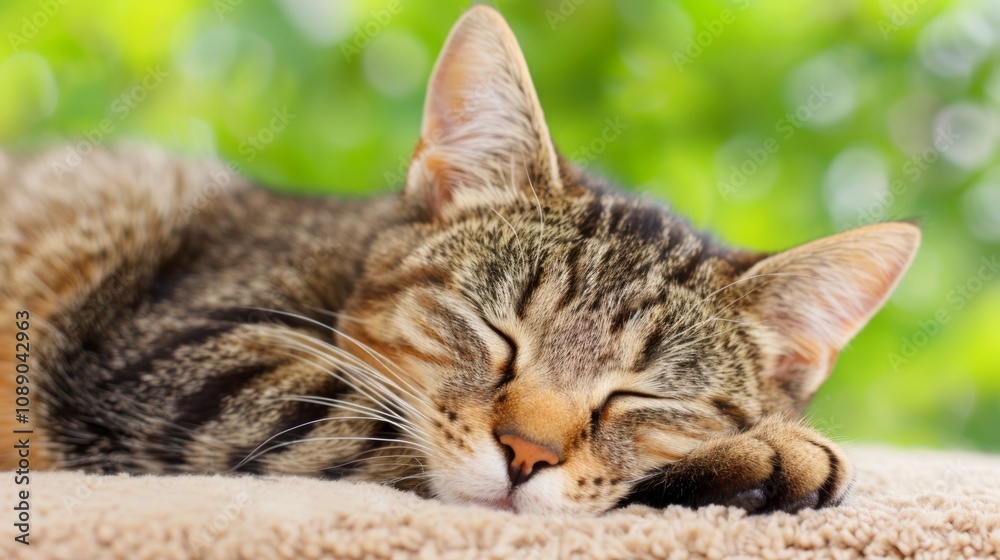 Fototapeta premium A sleeping tabby cat on a soft surface.