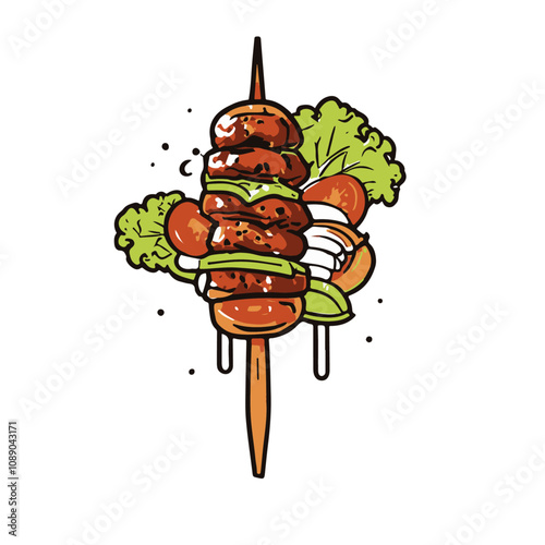 Turkish Kebab with Skewered Meat and Vegetables – A Sizzling, Flavorful Favorite Enjoyed Widely Black Outline Vector Illustration