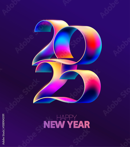 New year 2025. Metallic iridescent numbers on dark background. Festive holiday calendar date design.