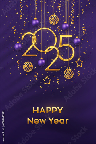 Happy New Year 2025. Hanging Golden metallic numbers 2025 with shining 3D metallic stars, balls and confetti on purple background. New Year greeting card, banner template. Vector illustration. photo