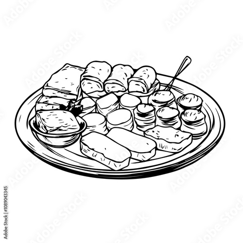 Zakuski Platter with Assorted Appetizers – A Festive Array of Traditional Starters Black Outline Vector Illustration