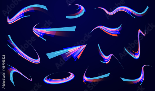 Speed of light concept background. Abstract background rotational border lines. Neon stripes in the form of drill, turns and swirl. 