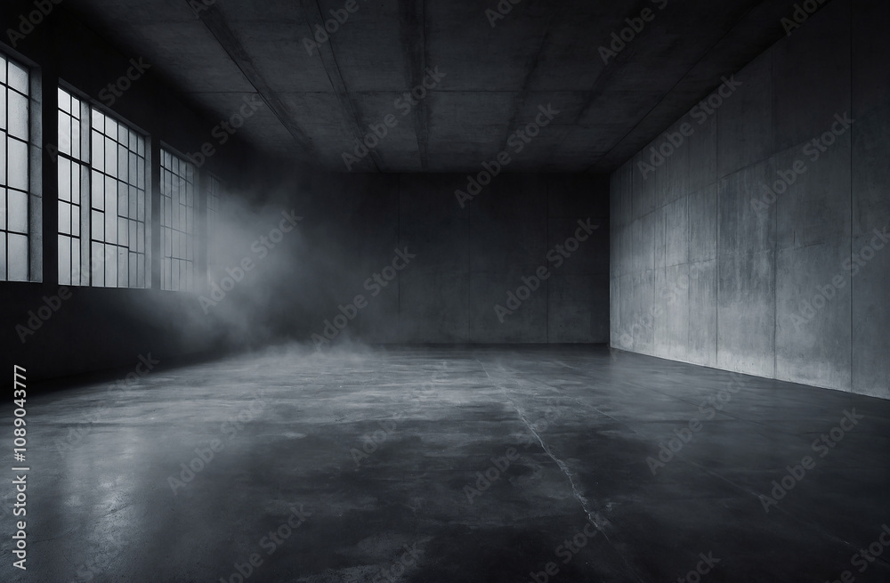 empty room with a concrete grey wall and light smoke, minimalistic ambiance empty room with a concrete grey wall and light smoke, minimalistic ambiance