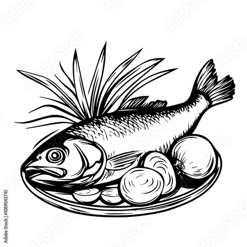 Dutch Herring with Onions and Pickles – A Staple Seafood Snack Savored in the Netherlands Black Outline Vector Illustration