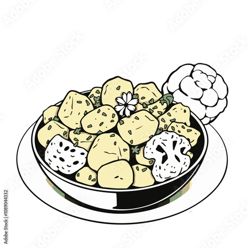 Indian Aloo Gobi with Potatoes and Cauliflower – A Vegetarian Dish Celebrated for Its Spicy Aroma Black Outline Vector Illustration