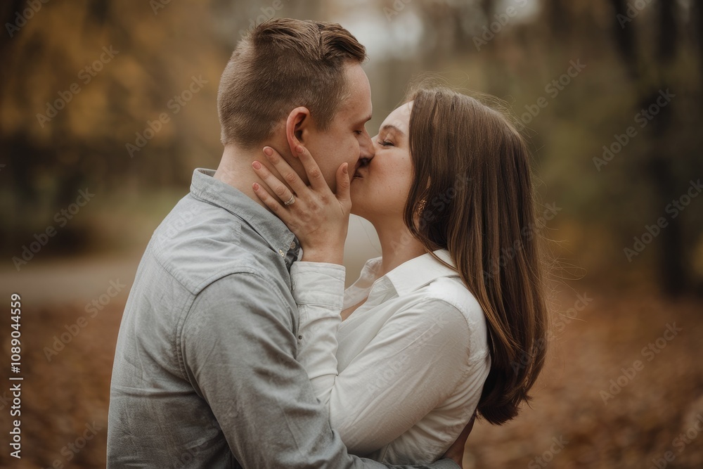 Young couple kissing in autumn park showing love and affection Young couple kissing in autumn park showing love and affection