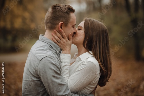 Young couple kissing in autumn park showing love and affection