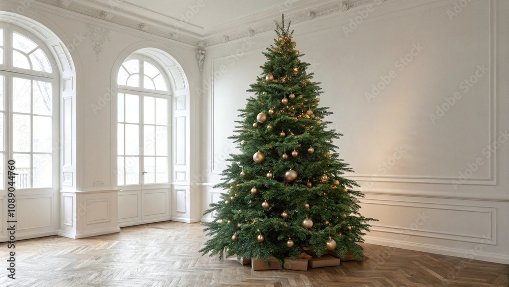 Ornaments and lights on a tall, slender Christmas tree with a full green canopy, tree, holiday, illuminated, decorative, glowing Ornaments and lights on a tall, slender Christmas tree with a full green canopy, tree, holiday, illuminated, decorative, glowing