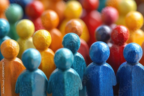 Colorful crowd of wooden figures representing diversity and inclusion