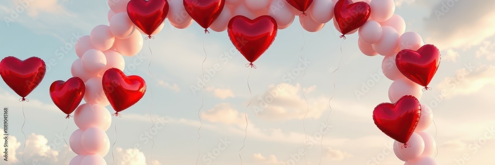 Red and pink heart balloons form an arch against a bright sky Red and pink heart balloons form an arch against a bright sky