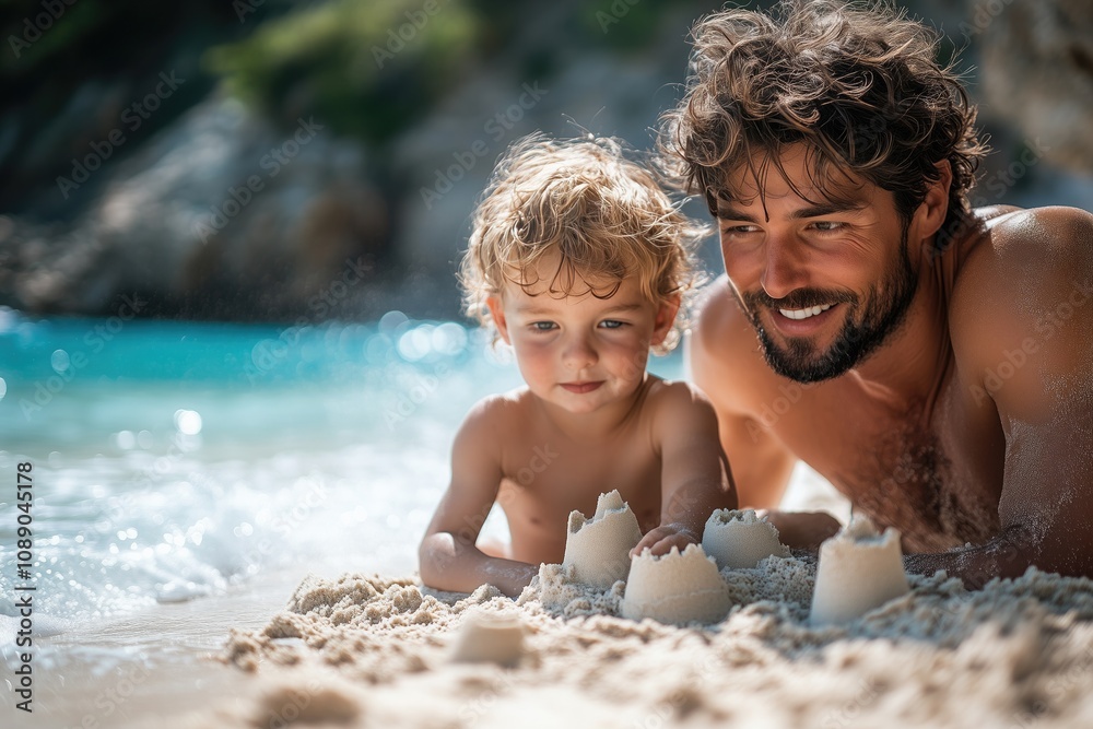 A dad and son building a sandcastle on a beach, with waves crashing in the background and a bright sky A dad and son building a sandcastle on a beach, with waves crashing in the background and a bright sky