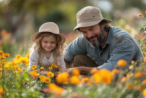 A dad and his child gardening together, planting flowers, both looking satisfied with their work