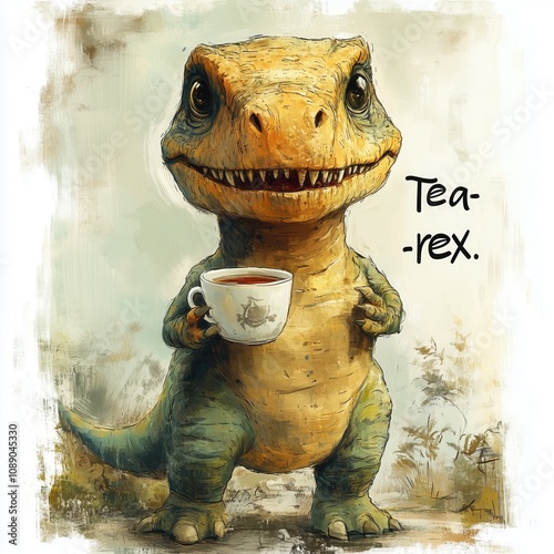 A dinosaur holding a cup of tea, with the quote "Tea-rex."