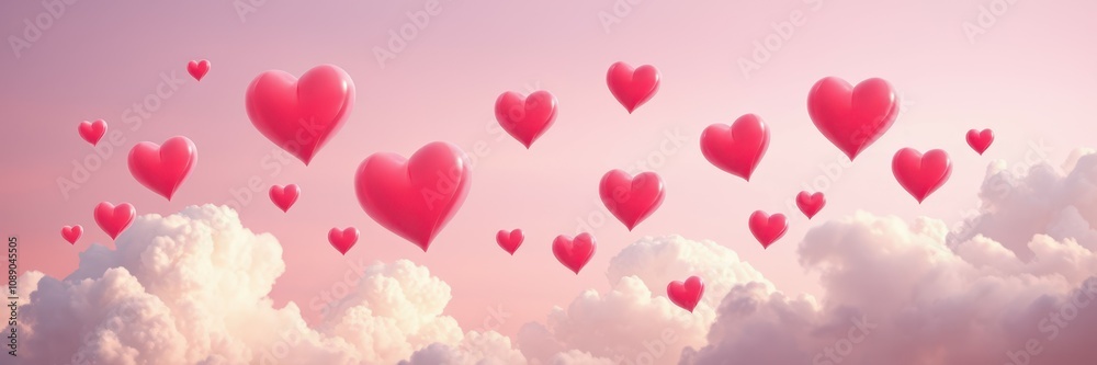 Pink hearts float gently across a pastel sky at dawn Pink hearts float gently across a pastel sky at dawn