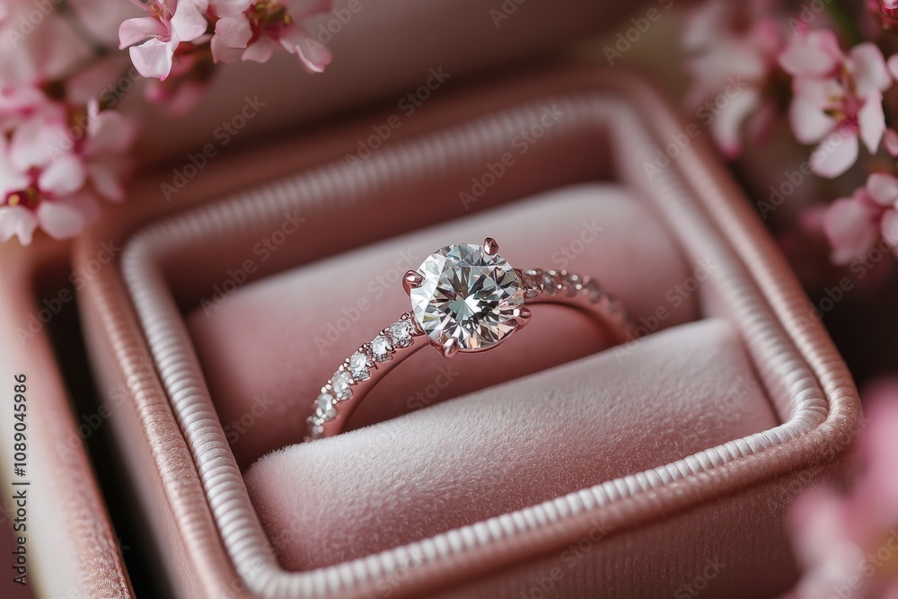 Elegant diamond ring sparkling in pink velvet box surrounded by flowers Elegant diamond ring sparkling in pink velvet box surrounded by flowers