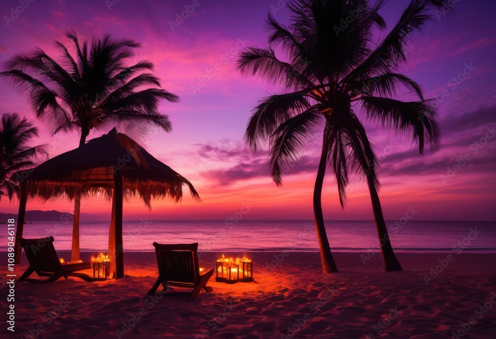Fototapeta premium charming romantic beach setting mesmerizing softly glowing silhouettes gentle waves lapping shore, sunset, candles, romance, relaxation, ocean, serenity