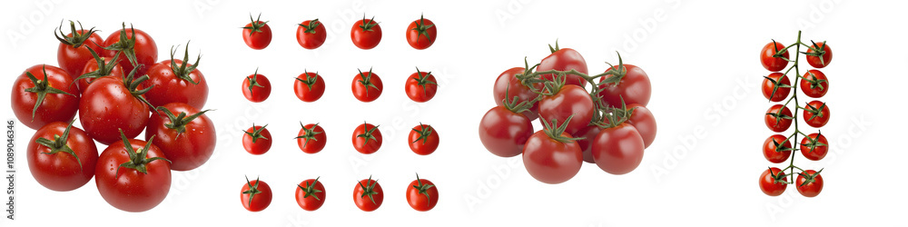 A collection of red tomatoes arranged in various clusters showcasing their vibrant color and fresh appearance. A collection of red tomatoes arranged in various clusters showcasing their vibrant color and fresh appearance.