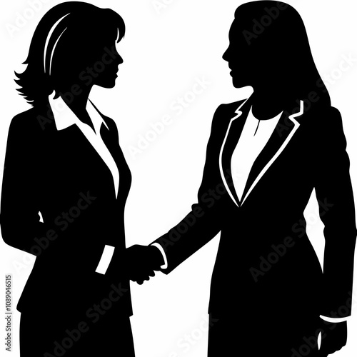 Profile silhouette of two women in business suits shaking hands. Monochrome minimalist image depicting professional agreement. Concept: female leadership, corporate negotiations, business relationship