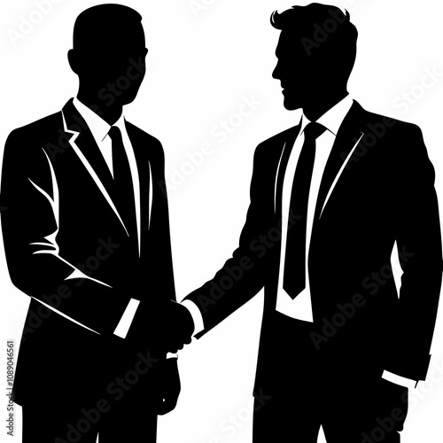 Silhouette of two businessmen shaking hands, symbolizing agreement. Professional partnership displayed in minimalist black and white style. Concept: corporate deals, business partnerships