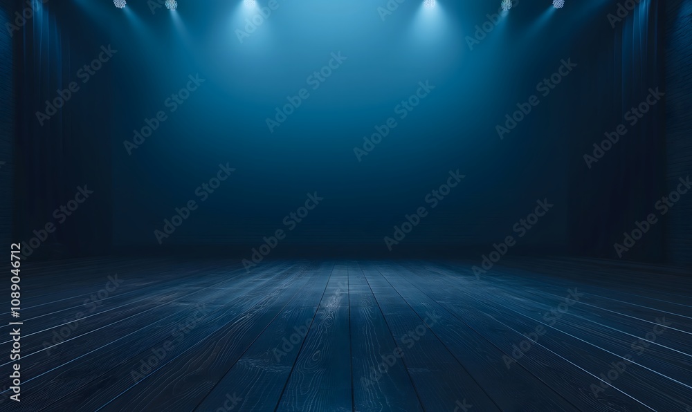 Dark blue wooden floor with spotlights, creating a dramatic and mysterious ambiance. Dark blue wooden floor with spotlights, creating a dramatic and mysterious ambiance.