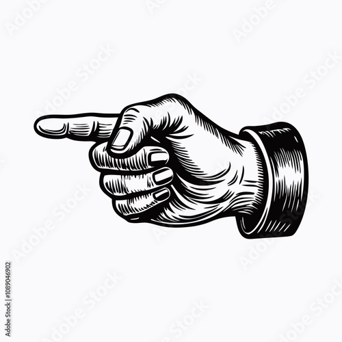 Vintage hand illustration pointing to the right with detailed shading and classic style