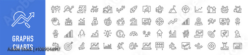 Graph and Charts web icons in line style. Graphics, infographic, statistics, data, diagrams, economy reduction, finance, down or up arrow, business, increase, decrease. Vector illustration.