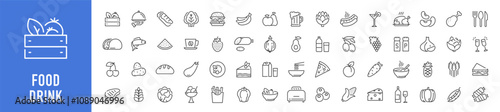 Food and Drink web icon set in line style. Meal, restaurant, dishes, fruits, fastfood, burger, pizza, coffee, sandwich, collection. Vector illustration.