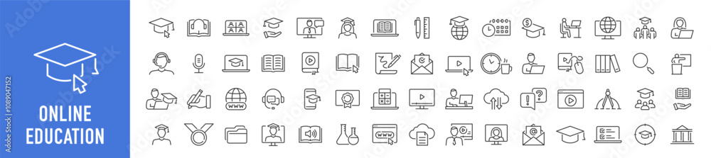 Online Education and E-learning web icon set in line style. E-book, video tutorial, mentor, distance learning, video and audio courses, collection. Vector illustration. Online Education and E-learning web icon set in line style. E-book, video tutorial, mentor, distance learning, video and audio courses, collection. Vector illustration.