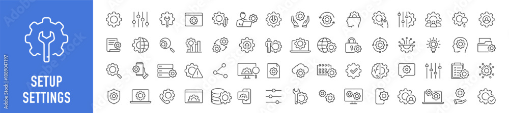 Setup and Settings web icons in line style. Options, download, update, configuration, gears, optimization, collection. Vector illustration.