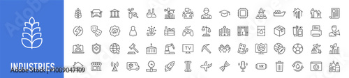 Industries icons. Editable Stroke. Technology, finance, healthcare, automotive, energy, retail, construction, hospitality, tourism, education, agriculture. Vector illustration.