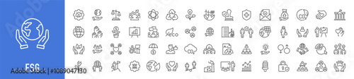 ESG, Environmental Social Governance web icons in line style. Sustainable developmen , sustainability, net zero, climate crisis, recycle, electric car, collection. Vector illustration.