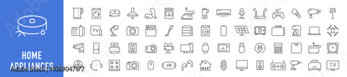 Home Appliances web icons in line style. Household appliance, vacuum cleaner, refrigerator, TV, cooking, entertainment, conditioning, dishwasher, collection. Vector illustration.