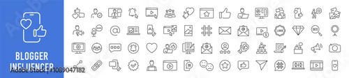 Blogger and Influencer web icons in line style. Blog, monetization, personal brand, video, likes, social media, collection. Vector illustration.