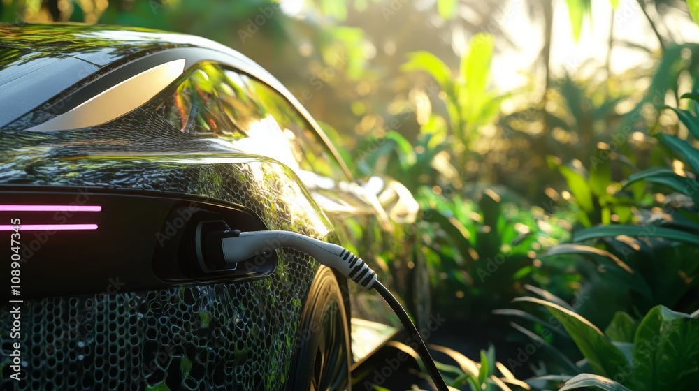A sleek electric vehicle is plugged in and charging amidst vibrant greenery, bathed in the warm glow of sunset. Sunlight filters through leaves, creating a serene and ecological atmosphere. A sleek electric vehicle is plugged in and charging amidst vibrant greenery, bathed in the warm glow of sunset. Sunlight filters through leaves, creating a serene and ecological atmosphere.